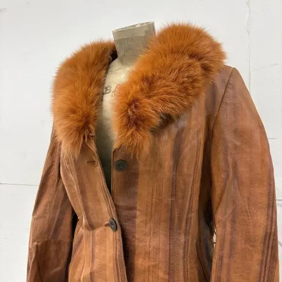 Vintage Y2K Cognac Leather & Fox Fur Statement Coat - Picture 2 of 4